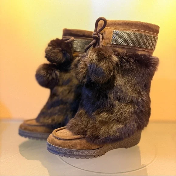 Coach Maryann Angora Brown Suede Fur PomPom Wedge Heel Boots - Picture 4 of 6